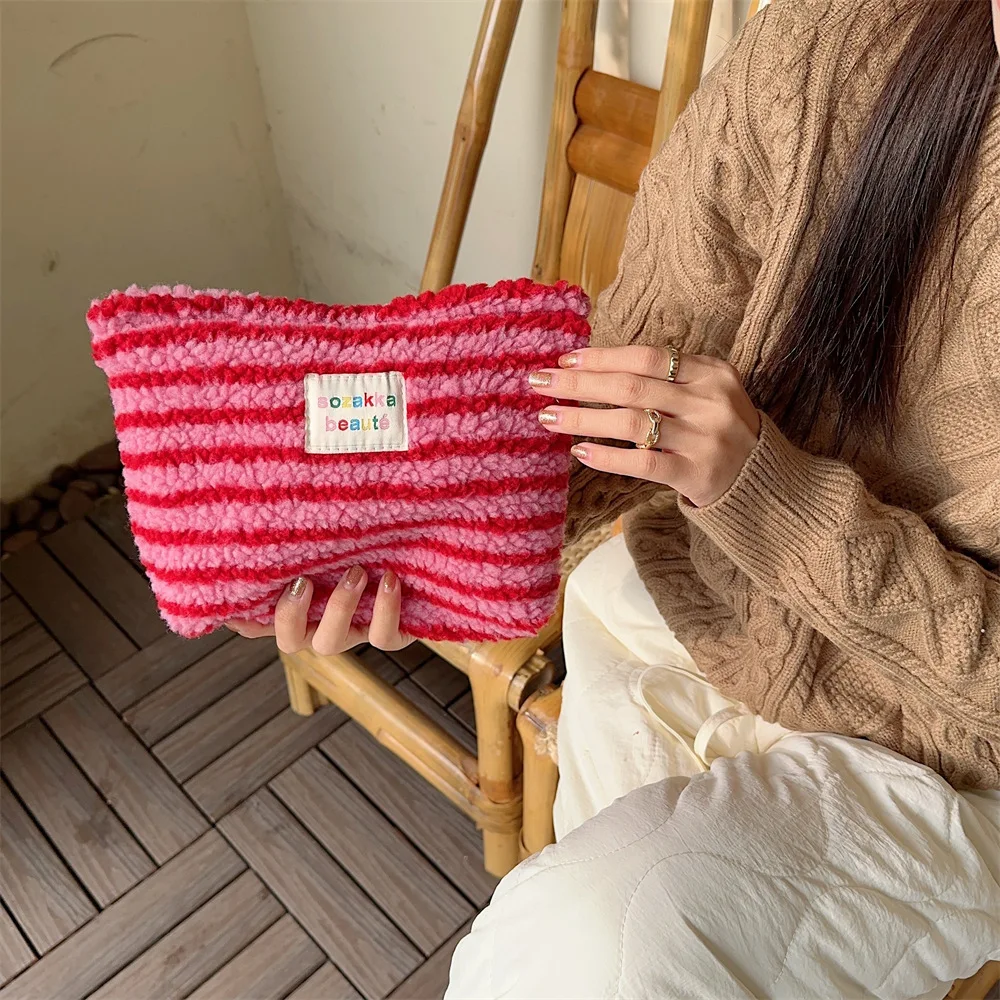 Cozy Winter Sherpa Cosmetic Bag, Y2K Striped Teddy Fleece Makeup Pouch, Soft Fluffy Travel Storage for Women - view 5