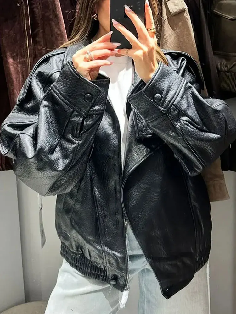 Chaqueta de piel sintética para mujer, abrigos holgados de manga larga con cuello levantado y cremallera, prendas de vestir exteriores para mujer de calle alta de otoño 2025