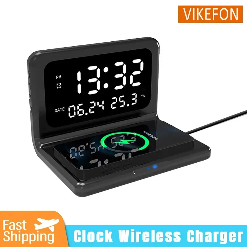 Wireless Charger Pad Stand with Alarm Clock Thermometer for iPhone 16/15/14/13/12 Xiaomi Samsung 15W Phone Fast Charging Station