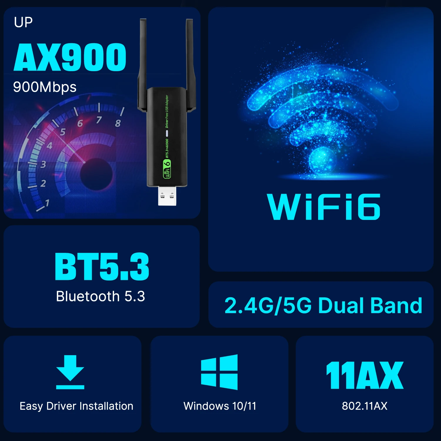USB WiFi 6 AX900 Bluetooth Adapter 2in1 Dongle Dual Band 2.4G/5GHz Bluetooth5.4 For Desktop Laptop Win 10/11 With 5db Antennas