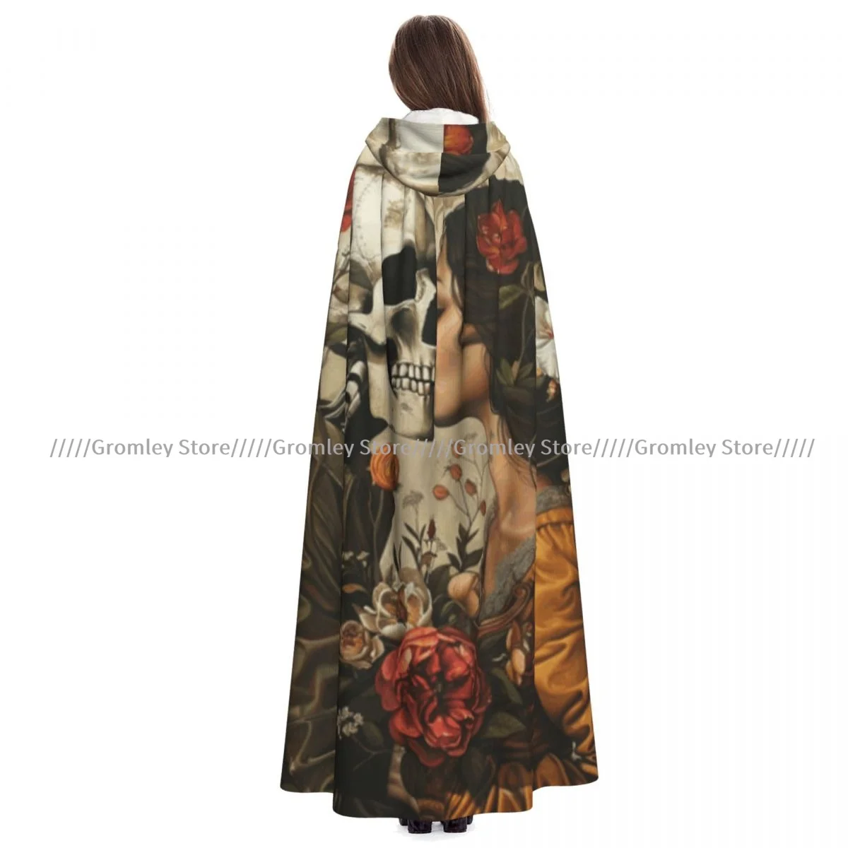 

Girl And Man With Skull Of Roses Witch Cloak Halloween Cosplay Costume Adult Unisex Cloak Retro Ages Cape