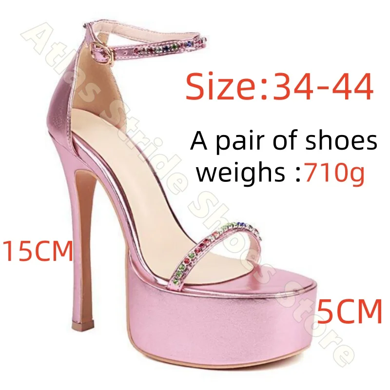 

Women Pink Satin Rhinestone Platform Heels Open Toe Ankle Strap Buckle Stiletto High Heel Party Sandals