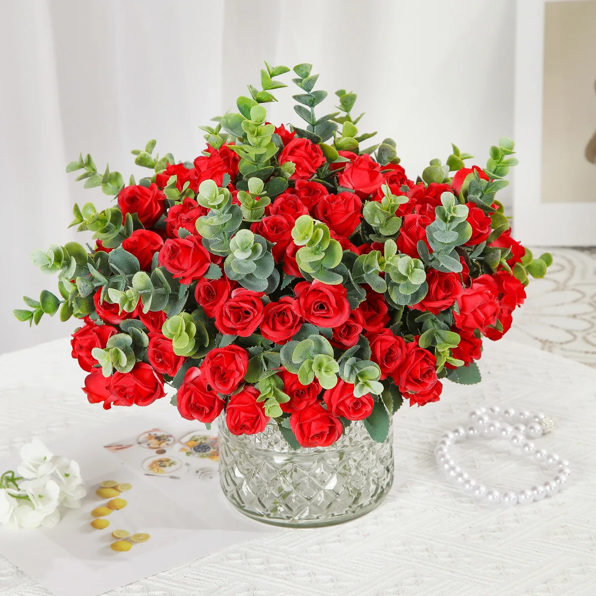 Rosa de seda Artificial con hojas de eucalipto, ramo de peonía, flor falsa para mesa de boda, florero de fiesta, decoración del hogar, 10 cabezas