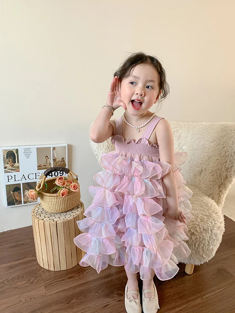 

Summer Pink Flower Girls Dress For Wedding Korean Tiered Suspender Princess Dresses Children Performance Birthday Party Gowns