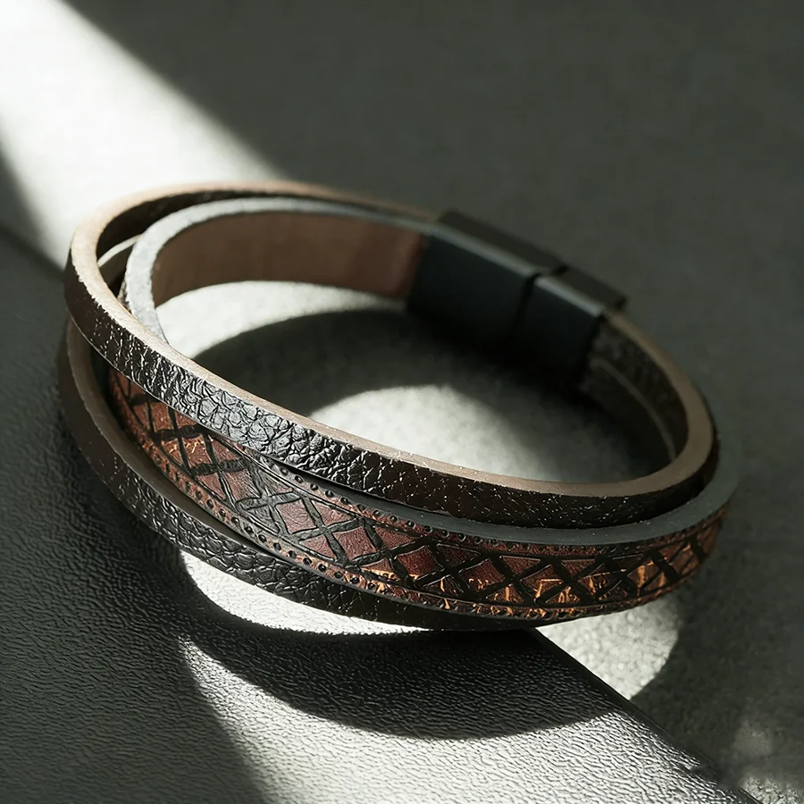 Classic PU Leather Men Bracelet 2 Styles High Quality Magnetic Clasp Three Layers Wristband Business Charm Homme Gift Jewelry