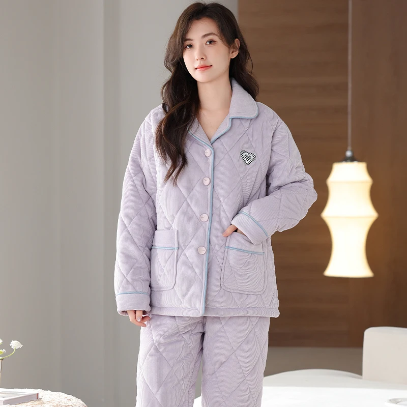 Newest Three-layer Clip Cotton Pajamas Set Women Knited Cotton Quilted Sleepwear Female Warm Pijamas Mujer