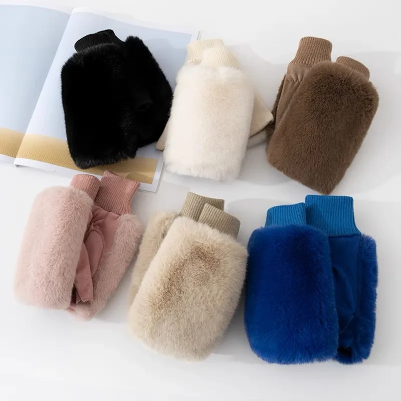 Cute Student Faux Rabbit Fur Suede Leather Half Finger Gloves For Sports Outdoor Driving Touch Screen Soft Women Winter Warm