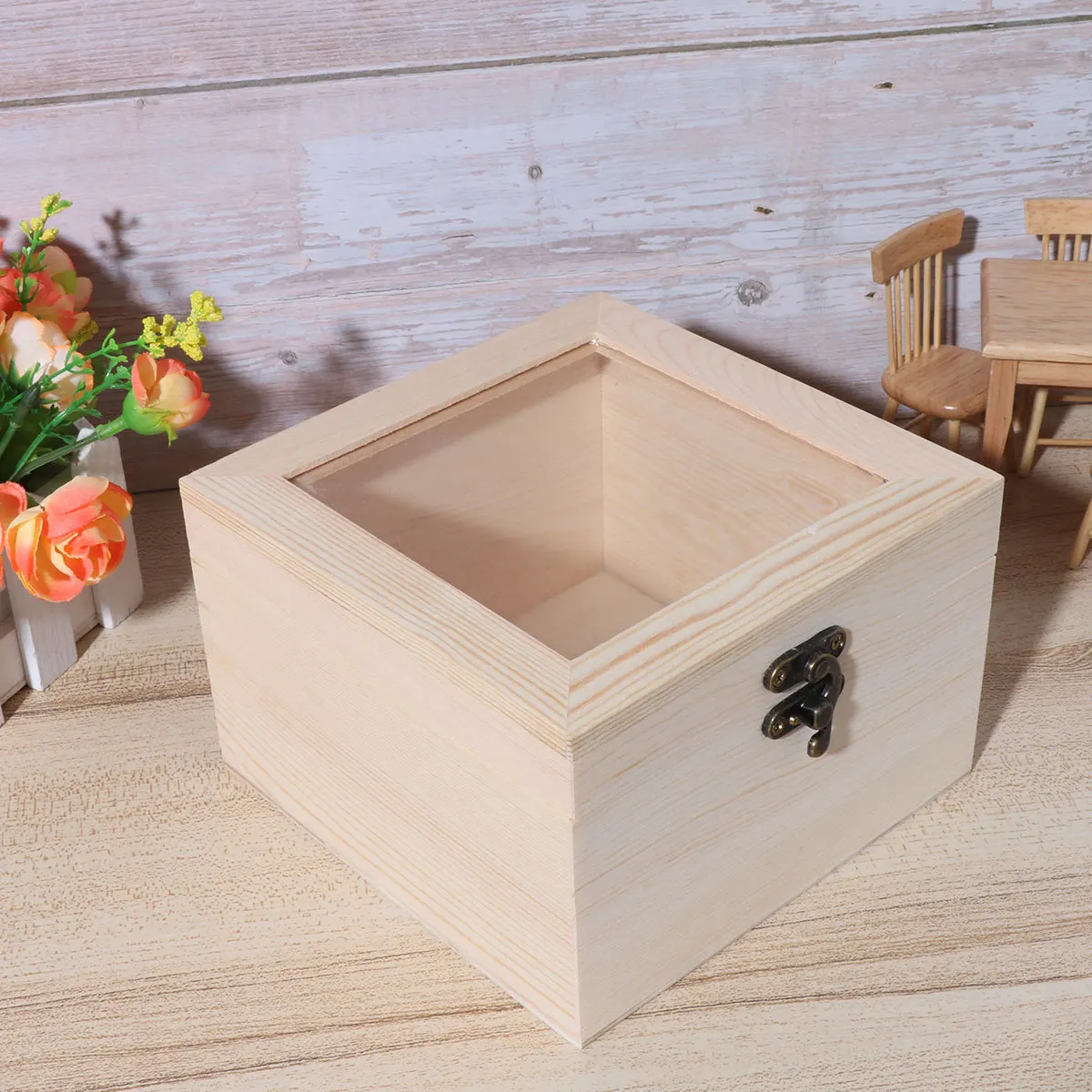 

DIY Wooden Gift Box Unfinished Surface for Everlasting Flower Storage Elegant Rustic Design 15x15x10cm Light Yellow