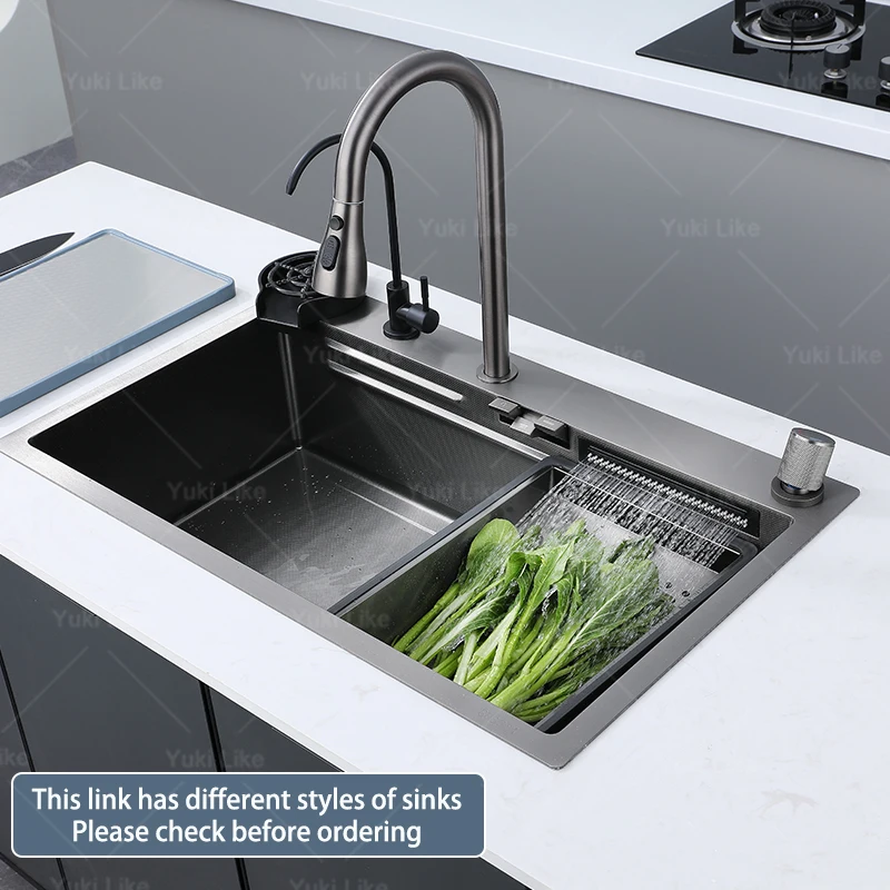 

New Stainless Steel Kitchen Sink with Waterfall Large Single Slot Various Multifunctional Sinks Dish and Vegetable Wash Basin