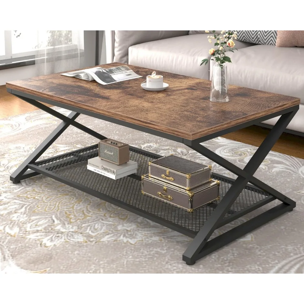 Coffee table, industrial metal wood 2-tier coffee table for living room, for office bedroom