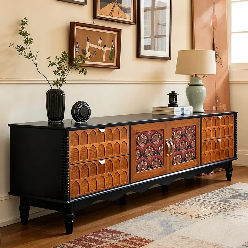 Medieval Solid Wood TV Cabinet Retro Style Living Room Storage Console Double Color Match Audio Visual Stand Furniture
