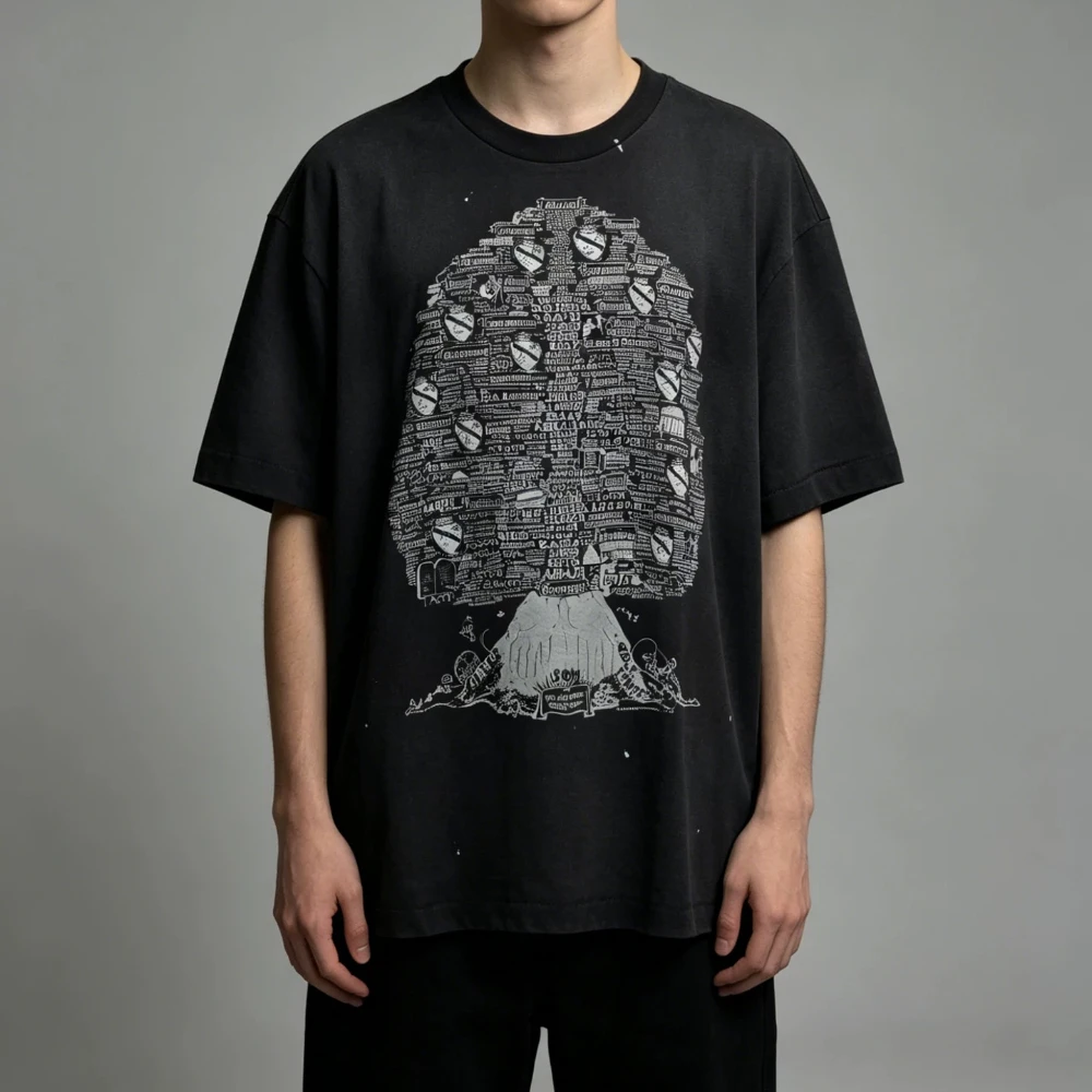 Yao Fashion Kanye West Hip Hop Wisdom Tree Washed Retro Loose Vintage Short-sleeved T-shirt Tide Ins