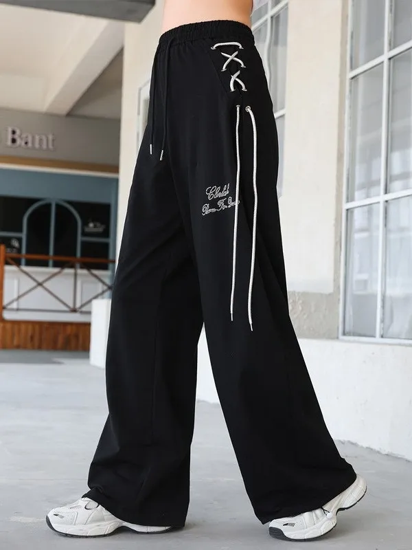 おしゃれなスクエアダンス用コットンロングパンツ、通気性のあるルーズスリムドリルストレートレッグパンツ、スポーティなミッドウエスト、ダイヤモンド埋め込み