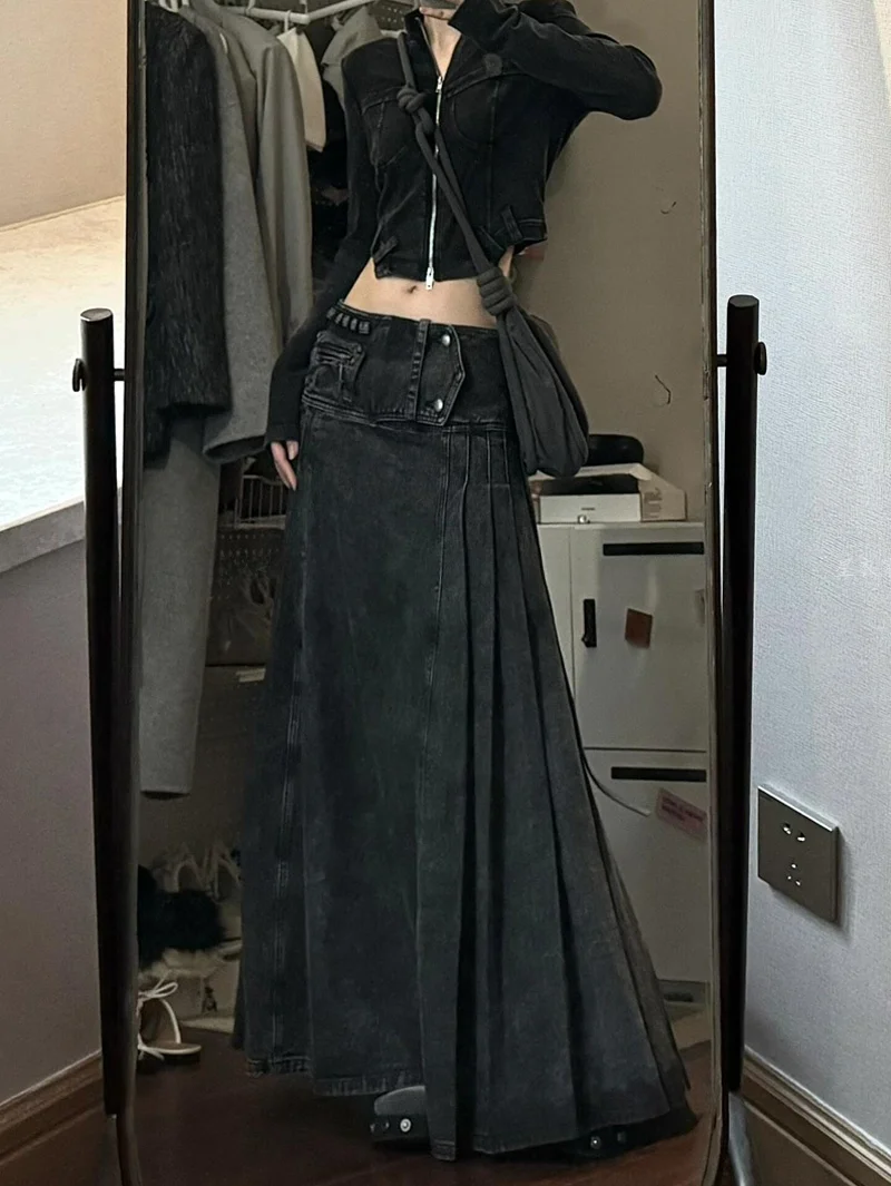 レトロなウェイドAラインワークスカート レディース サマー2025 Y2K ミレニアム スレ ホットガールデザイン ロングスカート ハイウエスト デニム生地