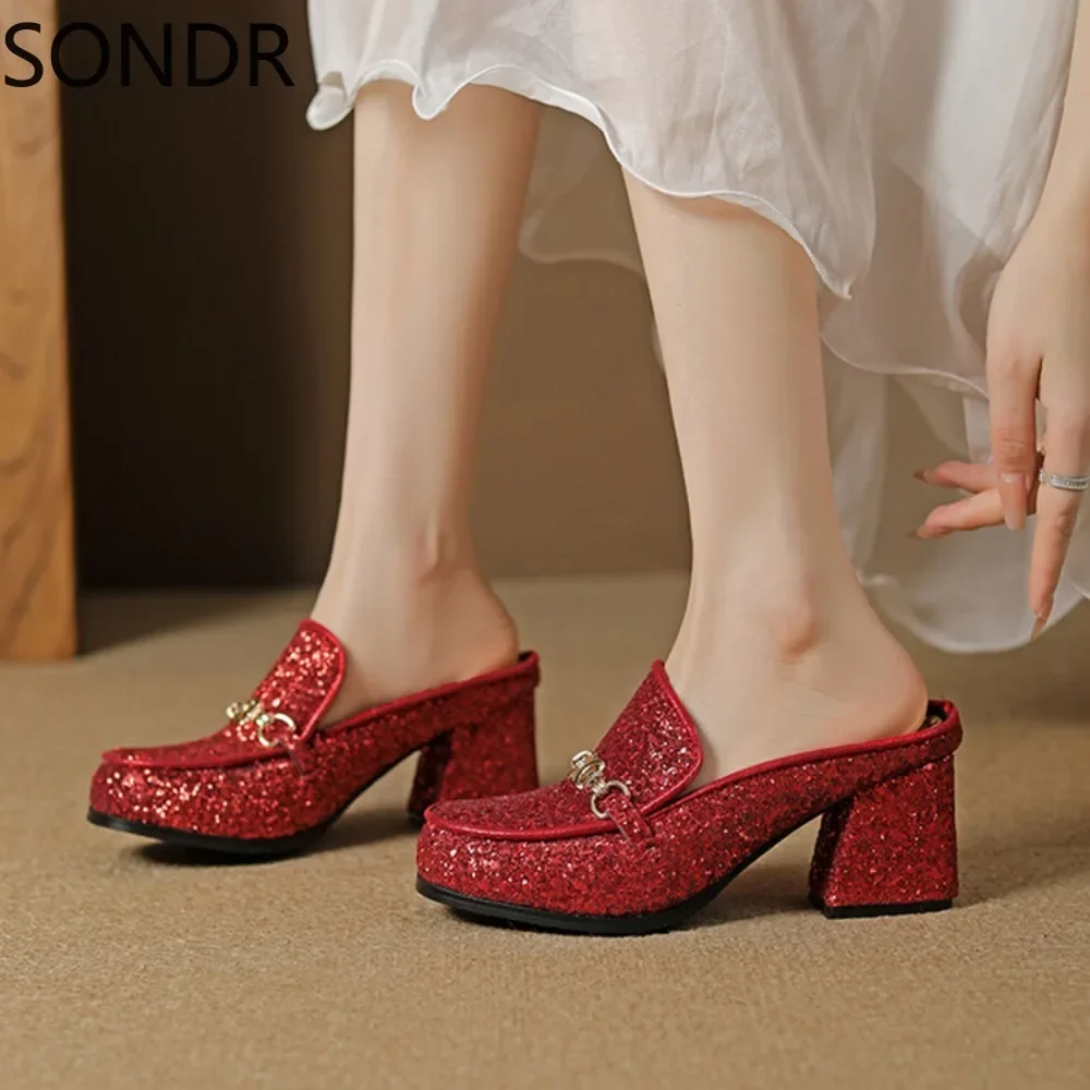 Sexy Womens Clubwear Square Toe Sequins Bling Mules Block High Heel Slippers Bling Slingbacks Shoes   New 2024