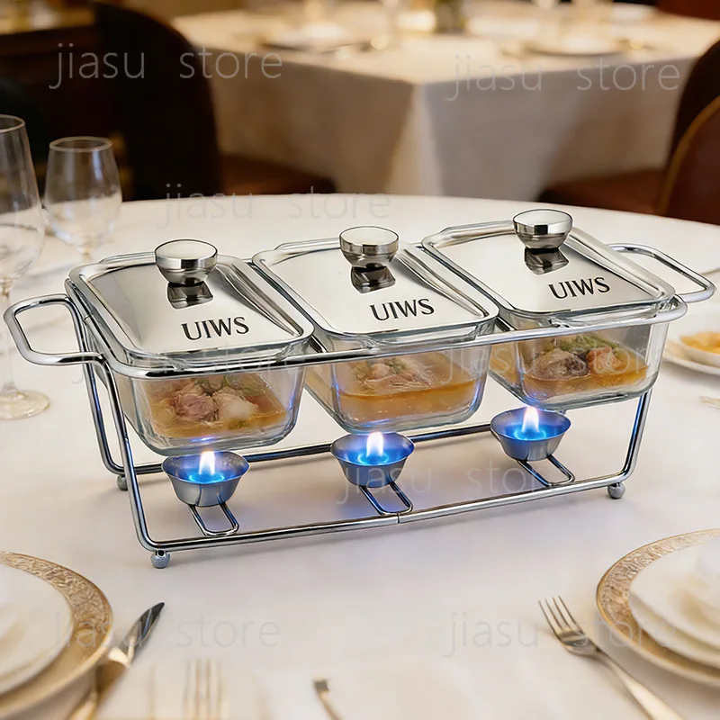 

Luxury Rectangular Glass Chafing Dish Divided Food Warmer Alcohol Heating Stove with Iron Support