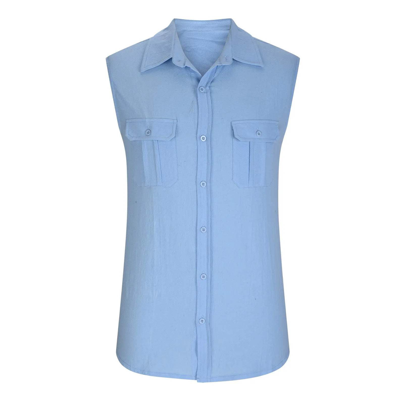 Soild Sleeveless Male Shirt Summer Top Double Pocket Turn Down Collar Button Up Shirts For Mens Summer Thin Tops Blouses