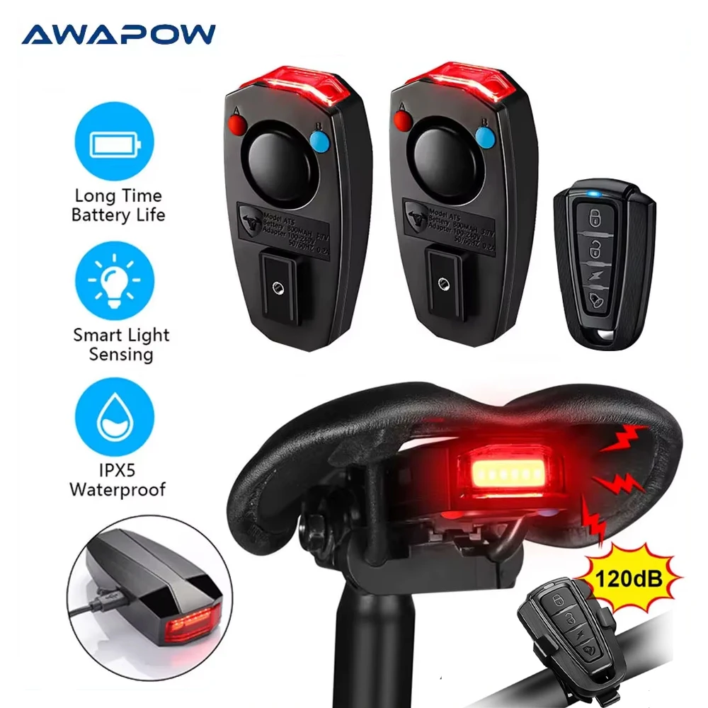 Awapow Bicycle Light Anti Theft Alarm Wireless Waterproof Auto Brake Sensing Remote Control USB Bike Taillight Horn Lamp Alarm