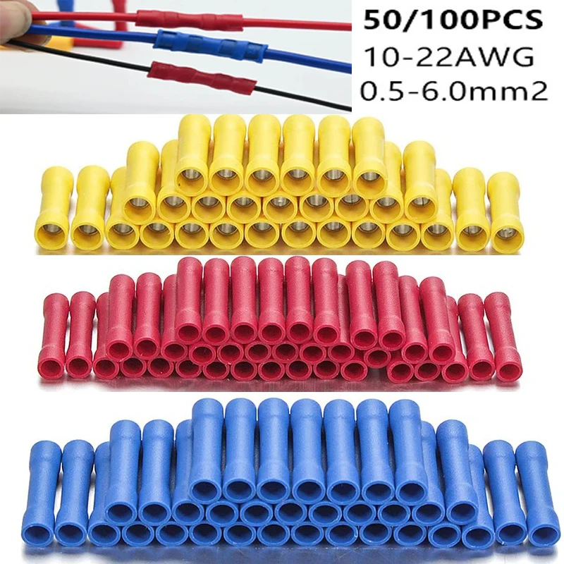 Assorted Butt Connector Insulated Crimp Terminals Electrical Cable Wire Connectors BV1.25 BV2.5 BV5.5 Car Accessories