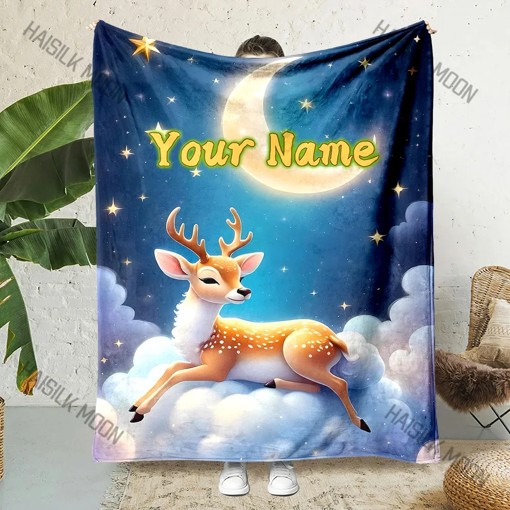 

Moon Starry Sky Deer Cartoon Print Custom Name Blanket - Soft, Warm for Couch, Bed, Travel, Camping, Sofa, Luxury Gift