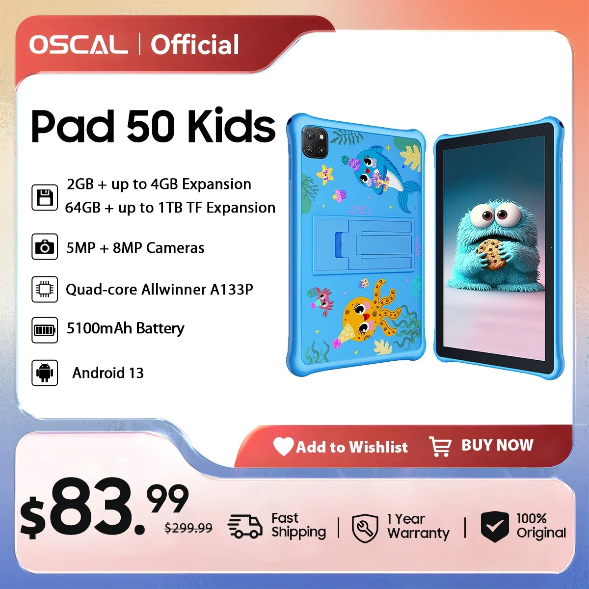 OSCAL Pad 50 Kids Tablet PC 10.1 ''HD Display 6 GB 64 GB 5100 mAh A133P Quad Core Dual Speaker Android 13 WIFI Tabletten Blackview