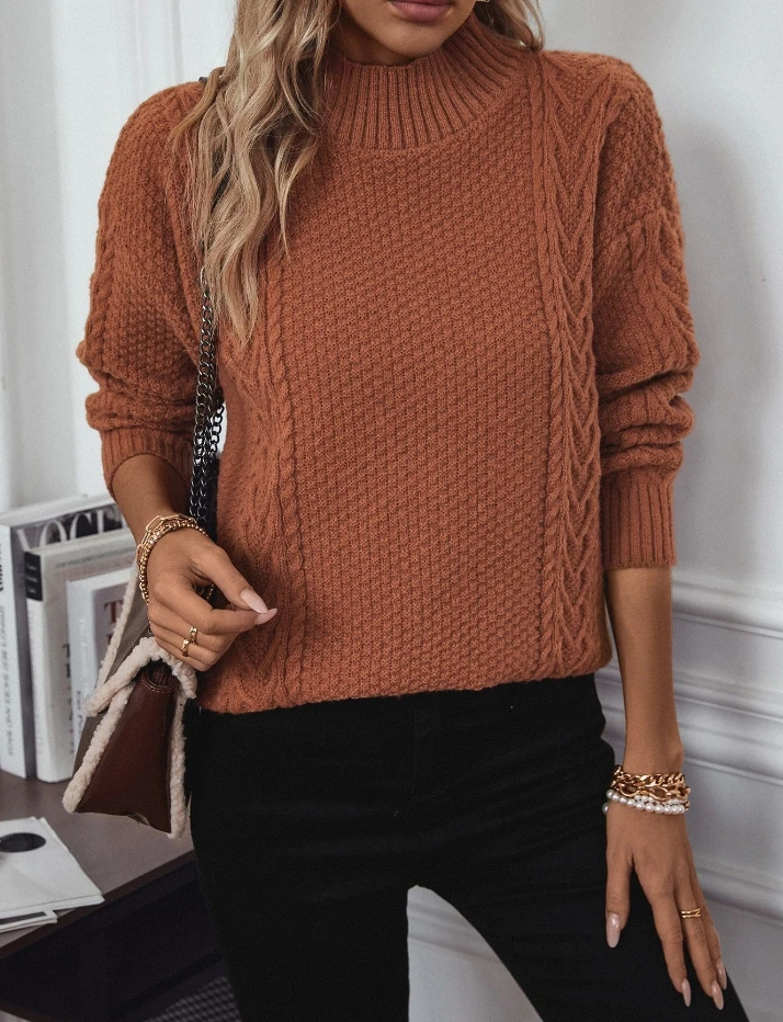 

Women's Retro Style Pullover 2025 Autumn Winter Latest Semi High Neck Split Knit Sweater Loose Long Sleeved Pullover Sweater Top