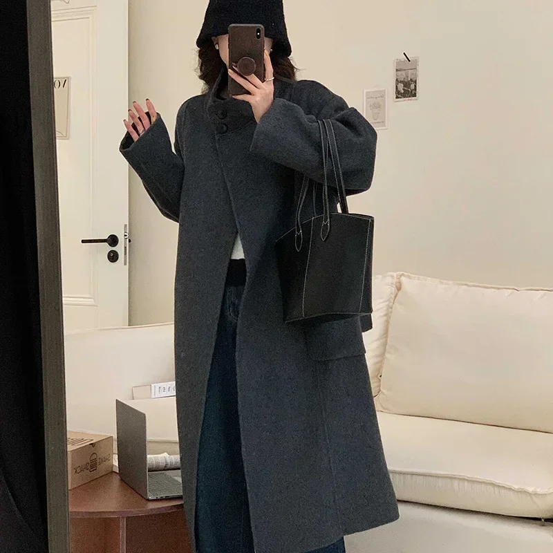 

Stand-up collar double-sided wool coat women's autumn and winter new high-end long-haired thickened belt medium and long