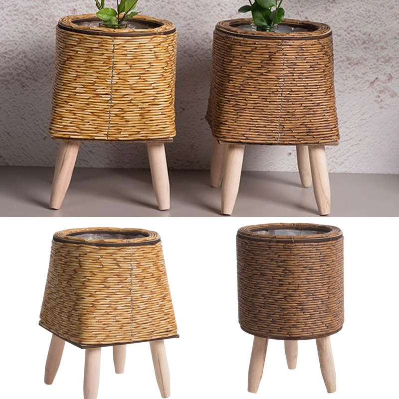 Imitation Rattan Woven Flower Shelf Planters Handmade Storage Basket With Removable Wooden Legs Plant Pot Stand Holder