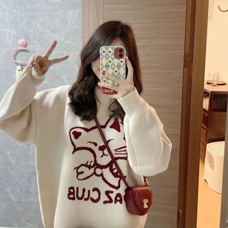 

Korean Style Sweaters Knitted Cat Jacquard Pullovers Women Sweater Kawaii Cute Y2K Winter Loose Oversized Knitwear Girls