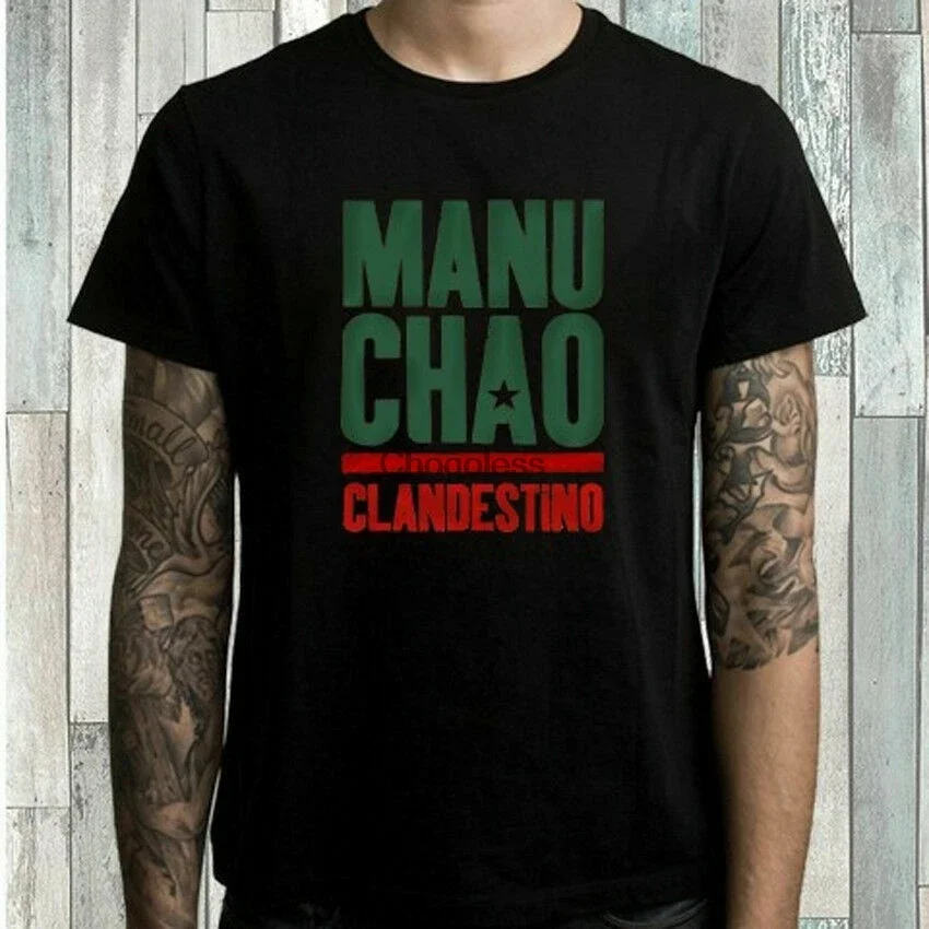 Fashion T Shirt Manu Chao Clandestino Logo Mens Black TShirt