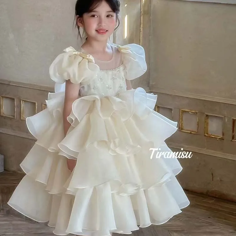 2026 Girls Summer Princess Dress Fashion Children Layered Puff Skirt Cute Sweet Cake Dress Birthday Party Gown Clothes 3-12Y