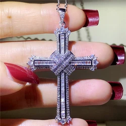New Style Cross Pendant Luxury Jewelry 925 Silver Color Hot Sale White Clear Princess 5A Cubic Zirconia Women Chain Necklace