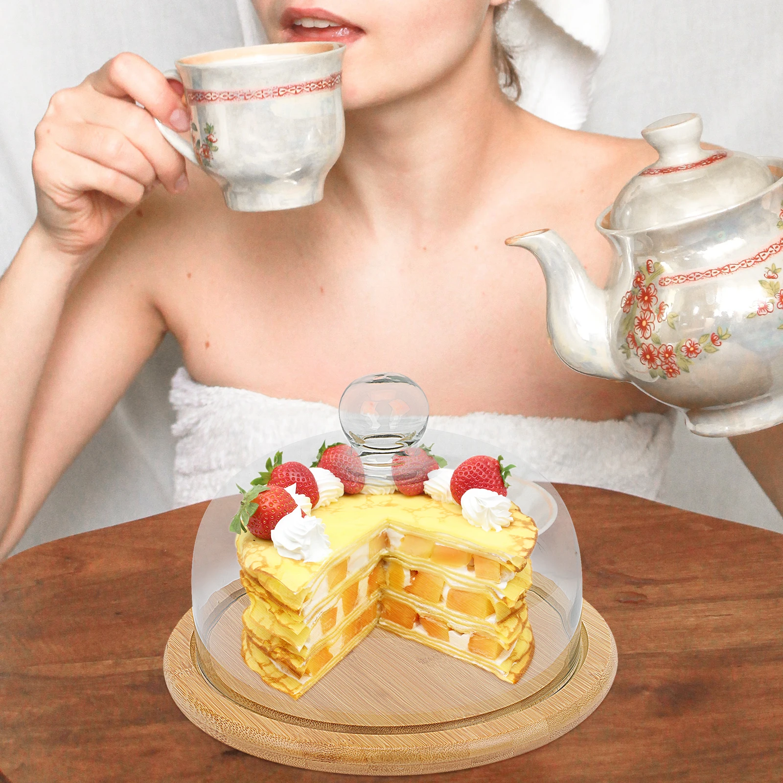 

Cake Glass Cover Wood Material Safe Use Transparent Protect Mosquitoes Easy Clean Reusable Cake Tray Display Stand Food Holder