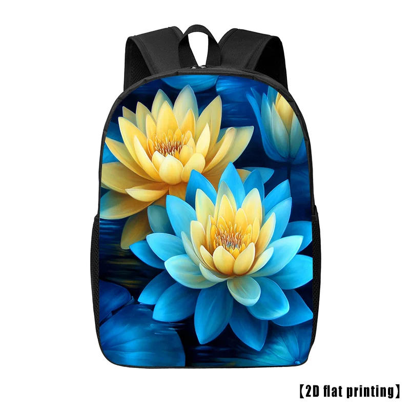 

17-Inch Large Capacity Oil Painted Lotus Backpack - Turquoise Blue and Gold with Tablet Pocket, Adjustable Shoulder Strap