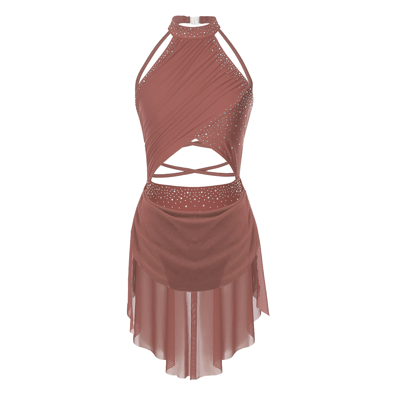 

Womens Lyrical Dance Costume Figure Skating Ballet Gymnastics Performance Dancewear Cutout Sleeveless Rhinestone Leotard Dress