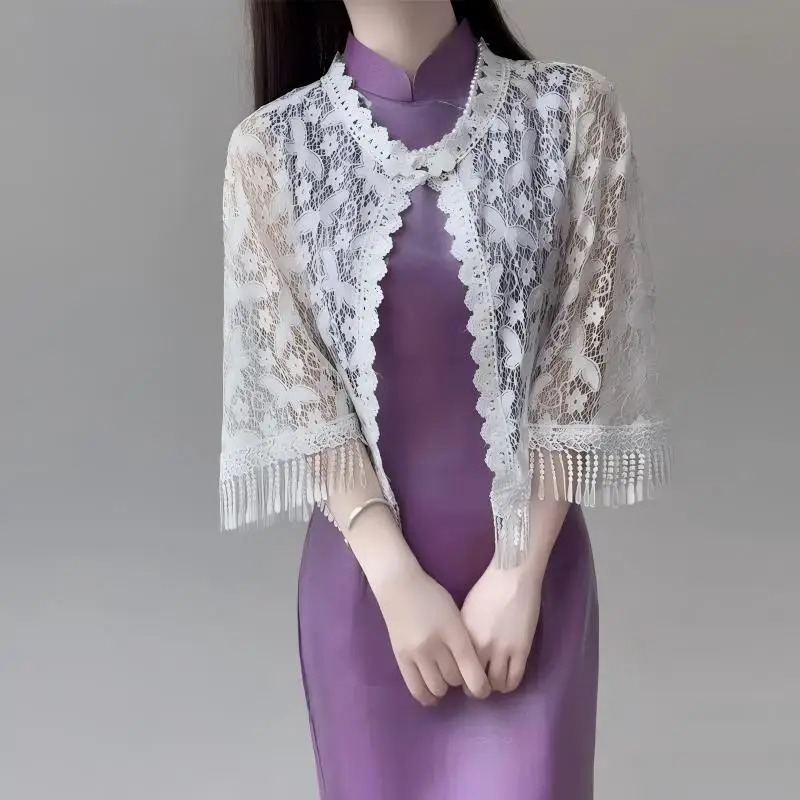 

ww27 hollow crochet knitted cardigan jacket literary and retro hundred with cheongsam shawl with cape