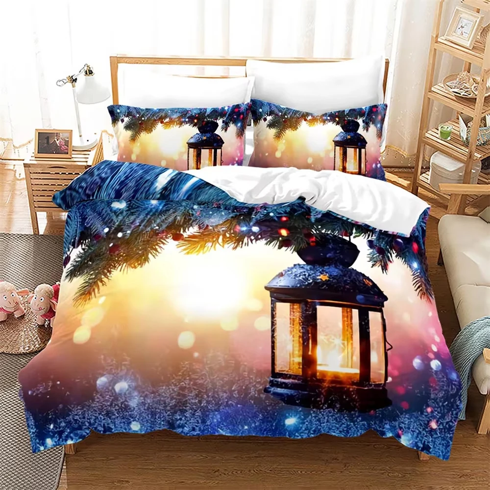 Christmas Duvet Cover Christmas Lantern and Snowy Scene Print Comforter Cover Twin Queen King Size Winter Christmas Bedding Set