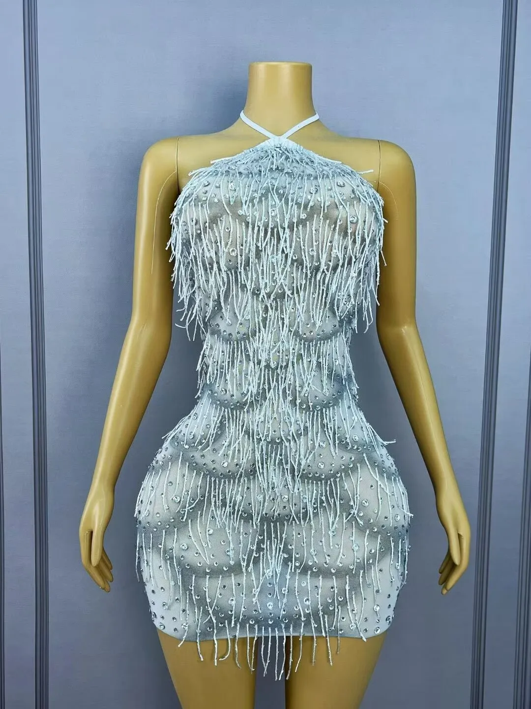 Sexy Glanzende Steentjes Kwasten Bandage Trim fit Backless Jurk Vrouwen Verjaardagsfeestje Vieren Toga Modeshow Stadium Slijtage