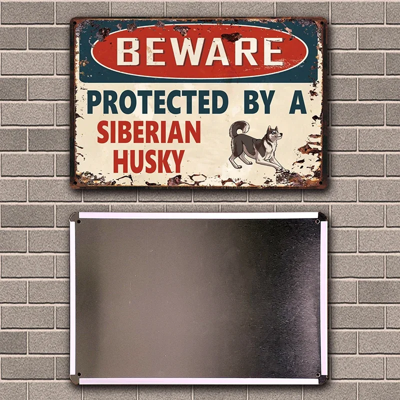 [ Kelly66 ] Dog Beware Protected By A Husky Borzoi Border Collie Metal Sign Home Decor Bar Wall Art Painting 20*30 CM Size Dy155