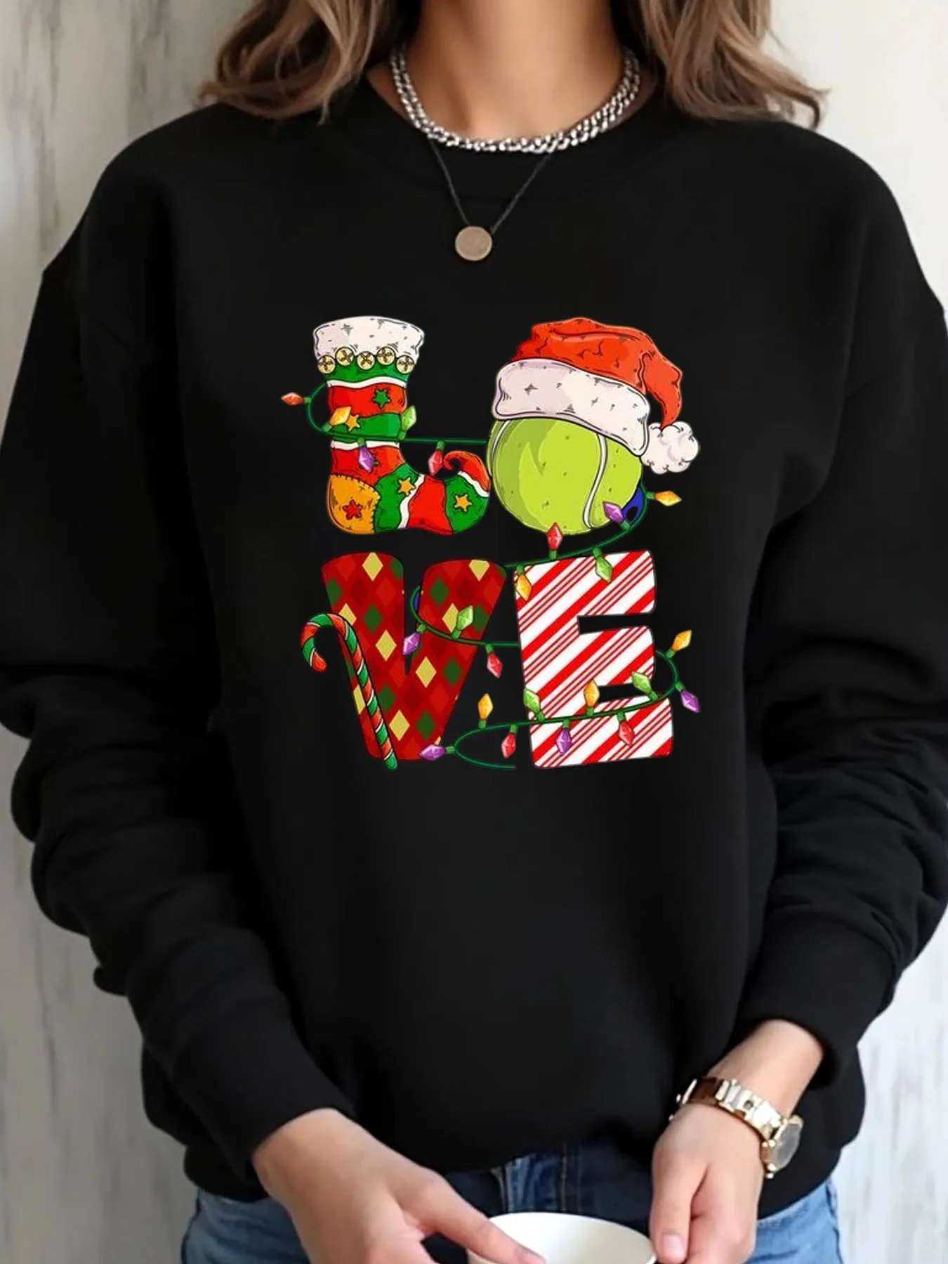 سويت شيرت نسائي كبير الحجم لعيد الميلاد والتنس مطبوع عليه حب ملابس خارجية #1