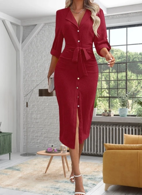 Women's Shirt Dress Autumn Solid Color Lapel High Waist Long Sleeve Lace Up Button Up High Slit Slim Fit Maxi Midi Bodycon Dress