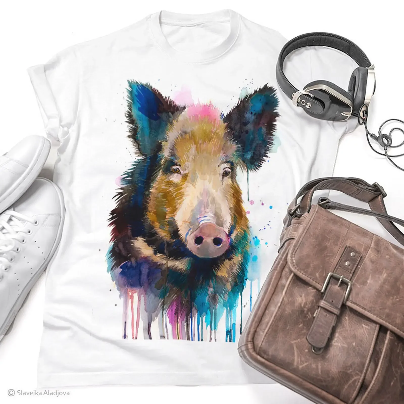 Watercolor Wild Boar Animal Art Print T Shirt 100 Ring Spun Cotton Casual Sizes XS S M L XL vintage Washed Stretched