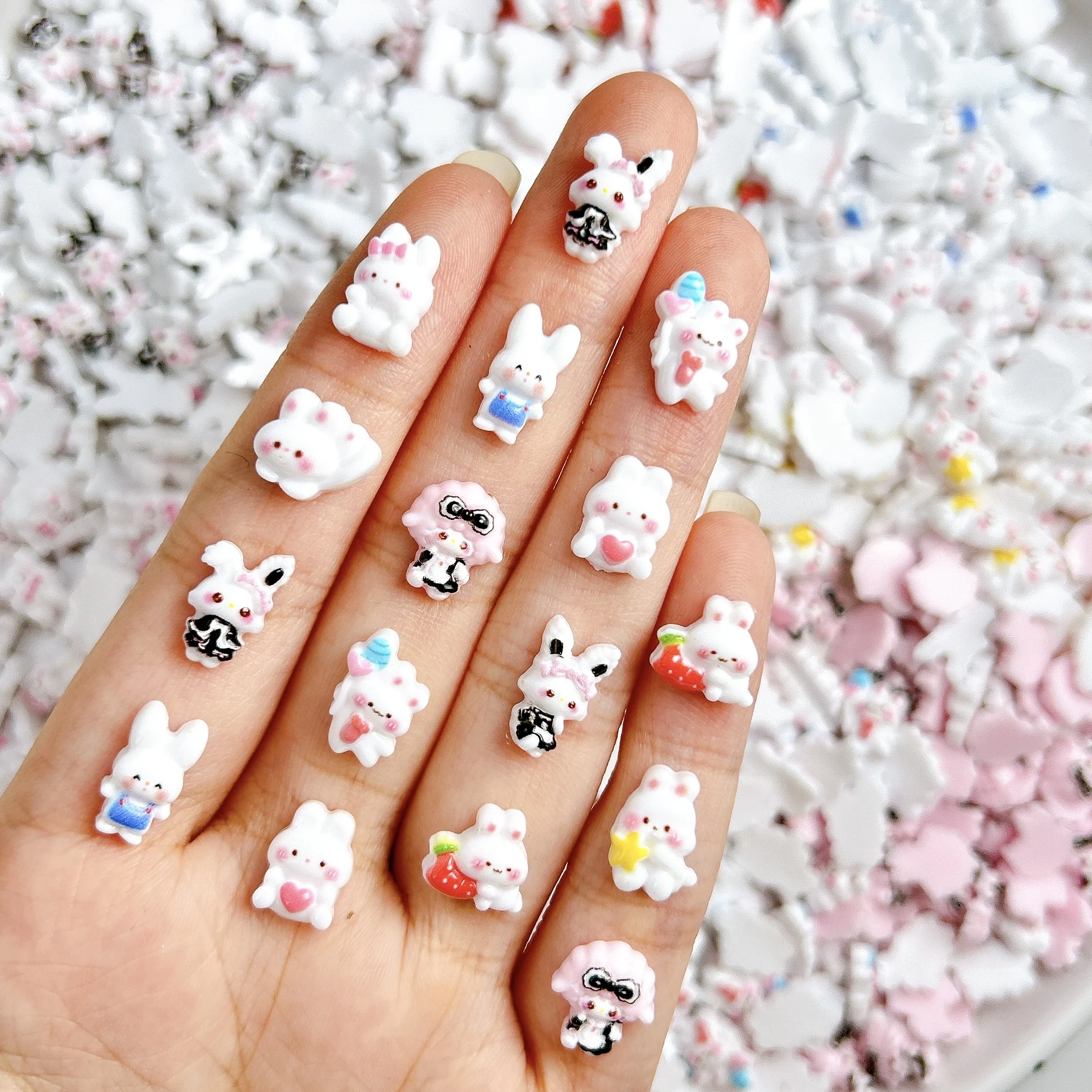 30PCS 3D Kawaii Cartoon Powder Blusher Rabbit Resin Nail Art Decorations Creative Skirt Star Bow Rabbit Nail Charms DIY Nails
