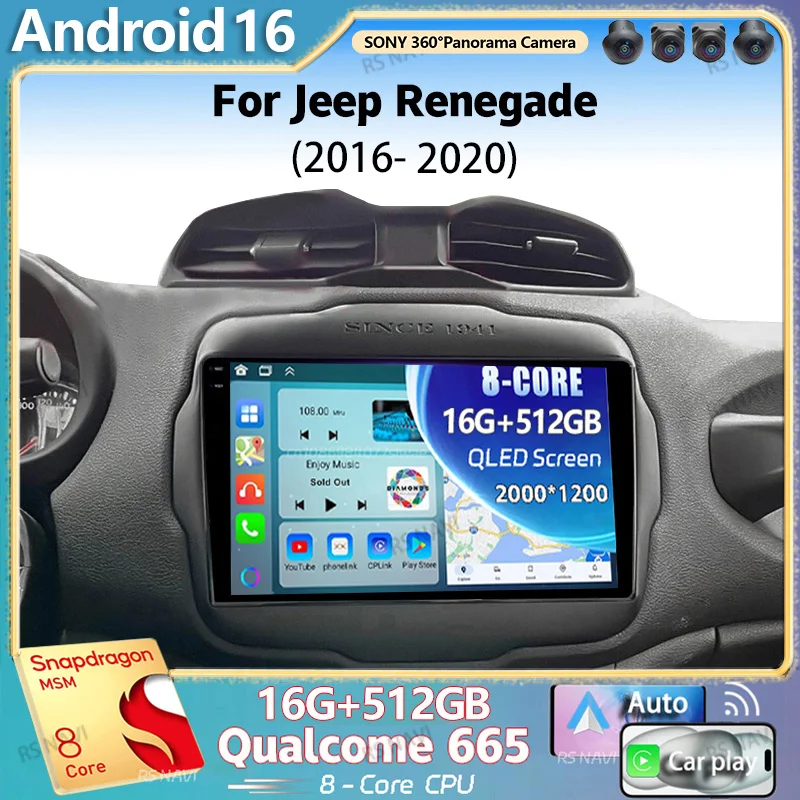 Android 16 For Jeep Renegade 2016 - 2020 2K QLED Android Car Radio Multimedia Video Player GPS AI Voice CarPlay 4G Stereo