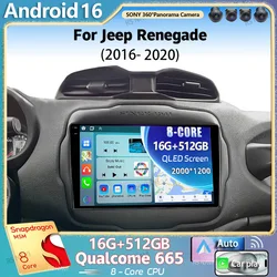 Android 16 For Jeep Renegade 2016 - 2020 2K QLED Android Car Radio Multimedia Video Player GPS AI Voice CarPlay 4G Stereo