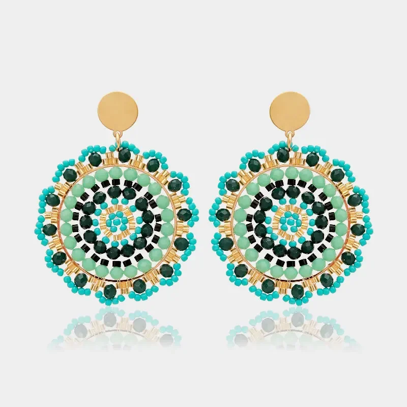 

2025 Handmade Beaded Earrings Crystal Circle Sunflower Bohemia Hand Weaving Pattern Beaded Earrings for Women