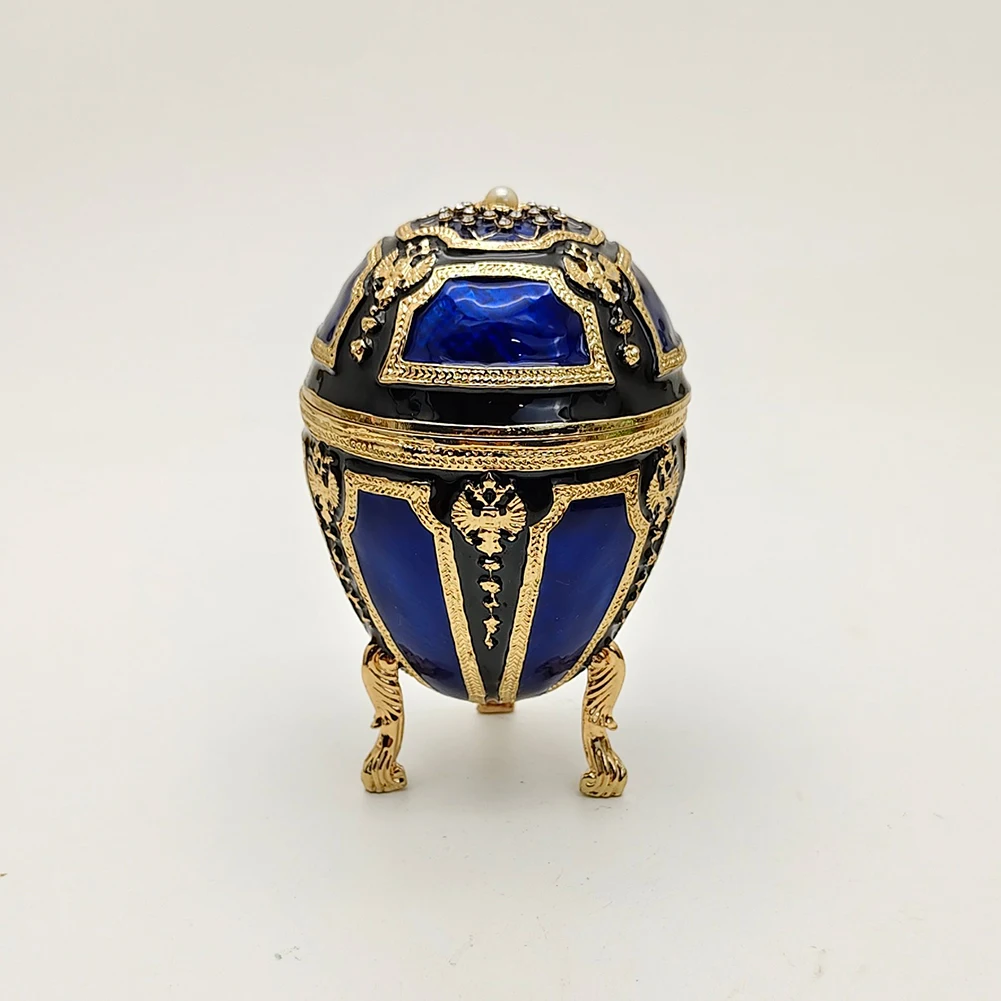 Vintage Blue Gold Faberge Egg Music Box Enamel Trinket Box, Mechanical Jewelry Storage Case, Elegant Gift Home Decor Ornament