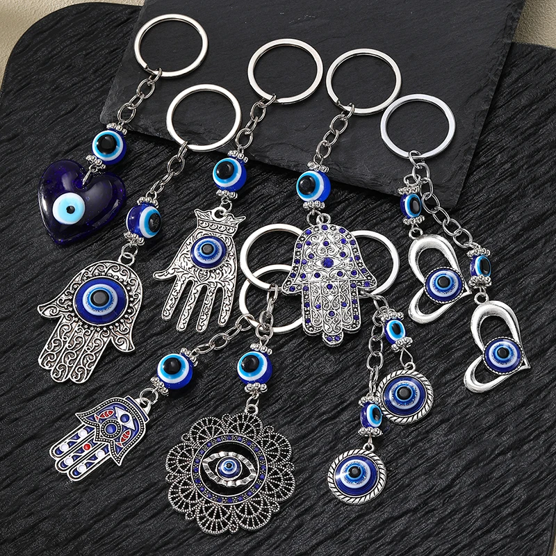 Hollow Flower Blue Evil Eyes Hamsa Hand Keychains For Women Men Punk Vintage Heart Round Turkish Lucky Eye Fatima Hands Key Ring