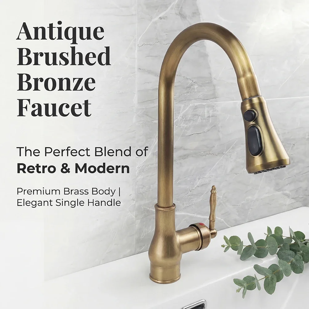 Bronze Pull-Out Kitchen Faucet Full Copper Craft Cold And Hot Faucet Retractable Spray Head Multi-Mode Water Output Durable Leak