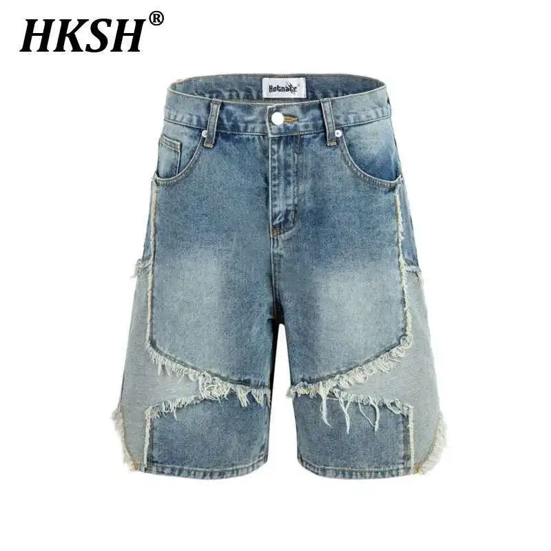 

HKSH Summer New Man Tide Shorts Trendy Niche Patchwork Design Star Side Fur Edge Straight Capris Half Length Denim Pants HK4842
